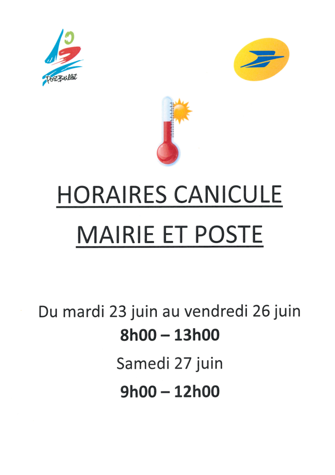 Horaires canicule Mairie et Poste
